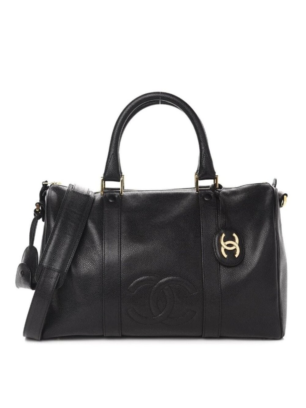 Chanel Caviar Leather Large Bowler Bag Travel Duffle Black CC Tote